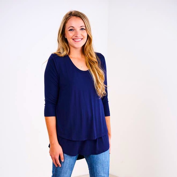Latched Mama Tops - Latched Mama 3/4 Sleeve Scoop Neck Nursing Top 2.0 - Navy Blue XS .
